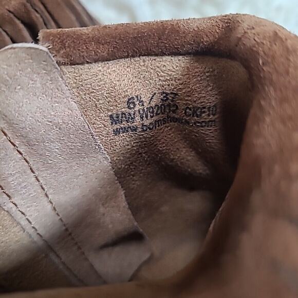 BORN Thora Ankle Bootie 6.5 Fringe Brown Rust Suede 3" Heel Moccasins Side Zip - Picture 7 of 9